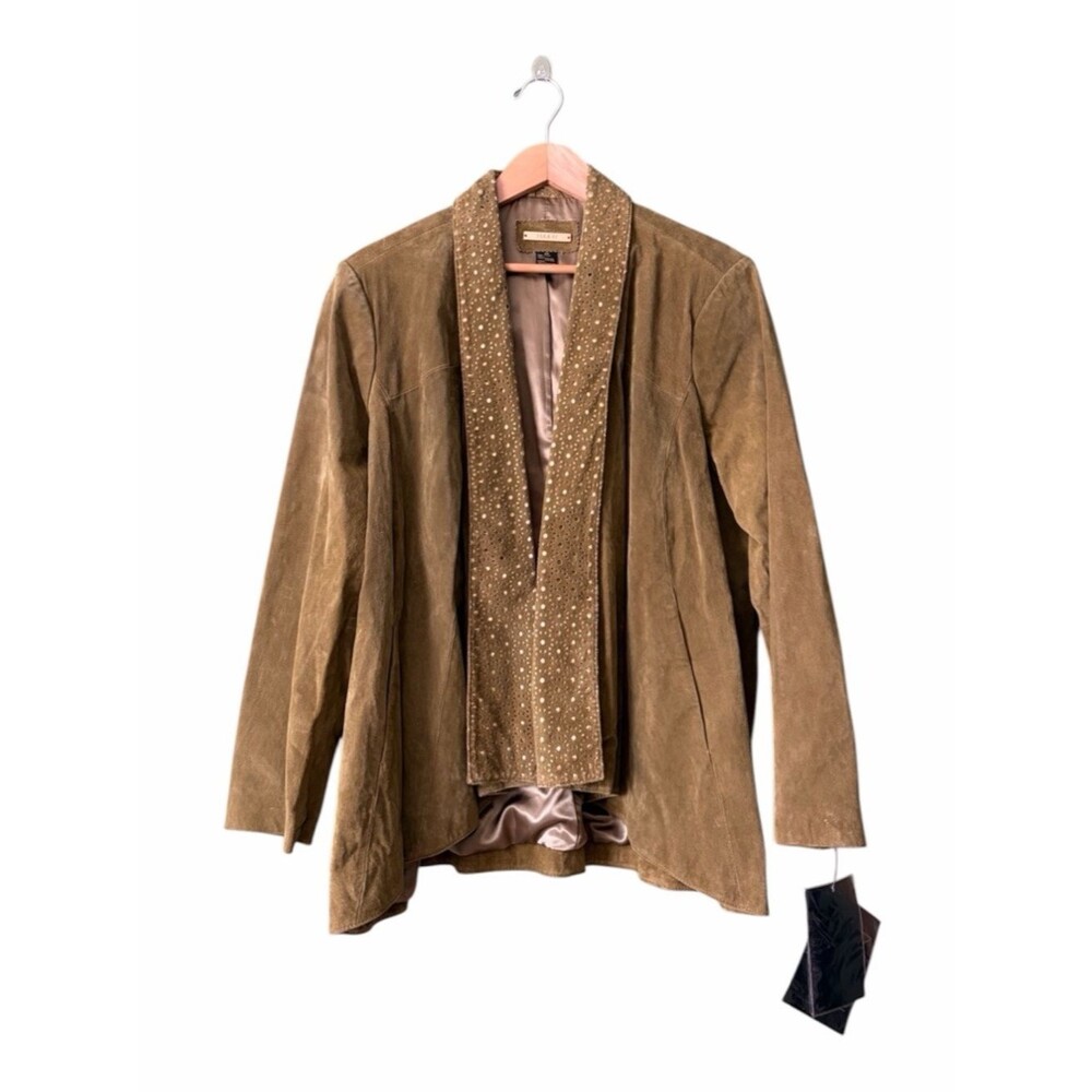 NWT IMAN Green Suede 100% Leather Open Front Blazer Jacket Laser Cut Lapel Sz 2X